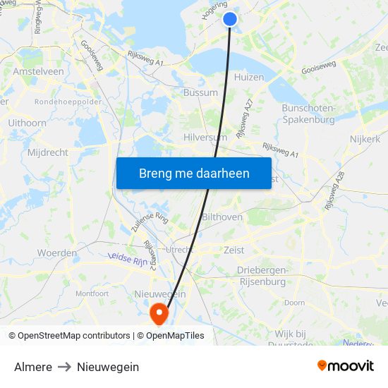Almere to Nieuwegein map