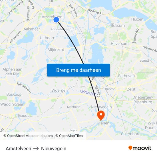 Amstelveen to Nieuwegein map