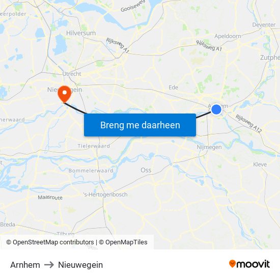 Arnhem to Nieuwegein map