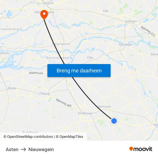 Asten to Nieuwegein map