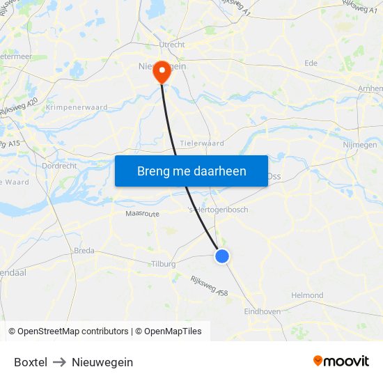 Boxtel to Nieuwegein map