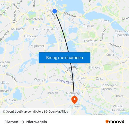 Diemen to Nieuwegein map