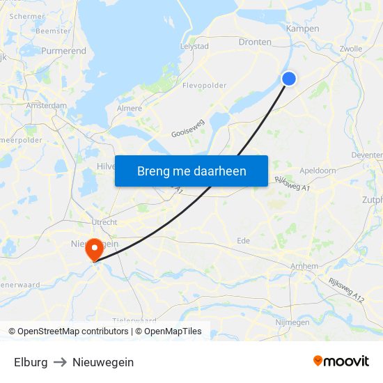 Elburg to Nieuwegein map
