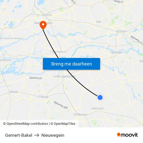 Gemert-Bakel to Nieuwegein map