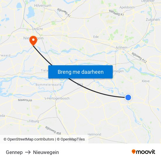 Gennep to Nieuwegein map