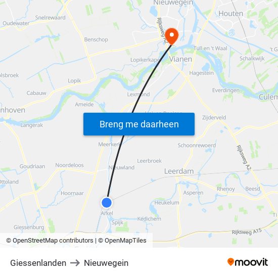 Giessenlanden to Nieuwegein map