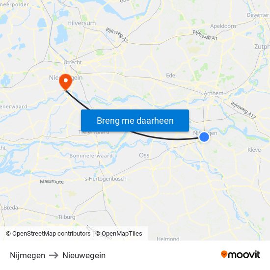 Nijmegen to Nieuwegein map