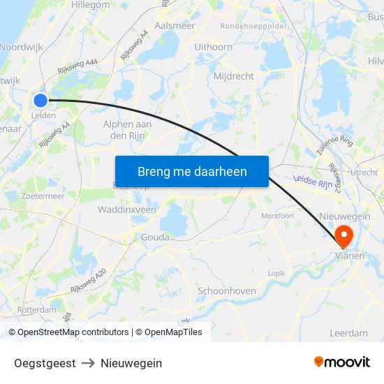 Oegstgeest to Nieuwegein map