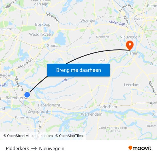 Ridderkerk to Nieuwegein map