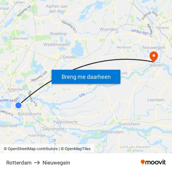 Rotterdam to Nieuwegein map