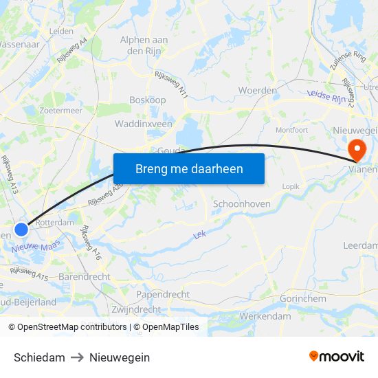 Schiedam to Nieuwegein map