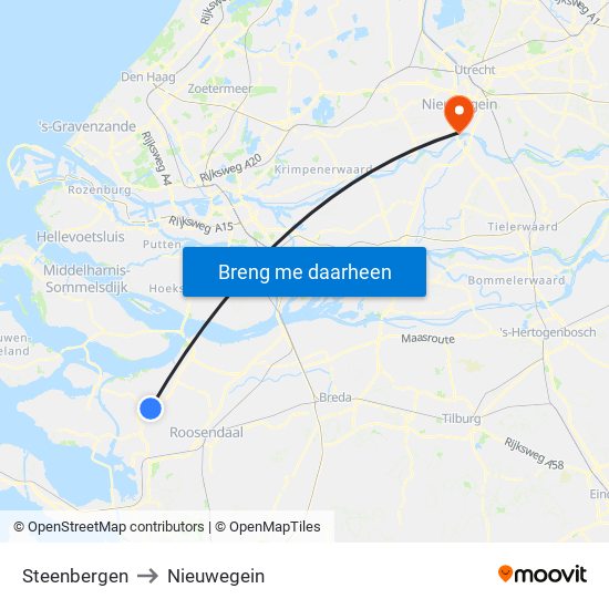 Steenbergen to Nieuwegein map