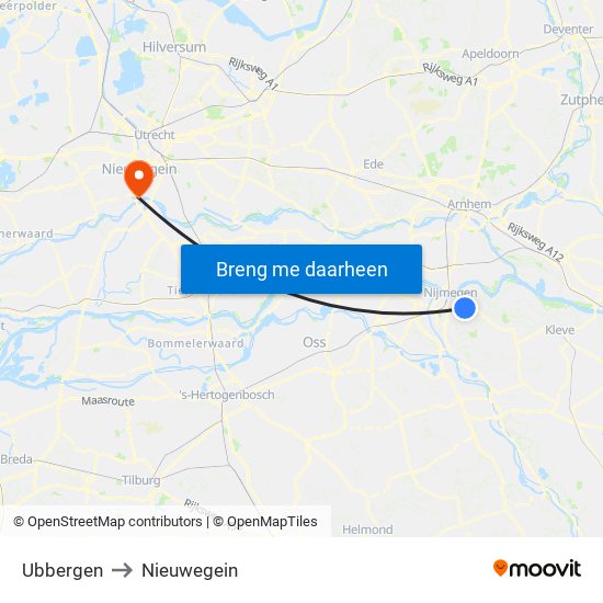 Ubbergen to Nieuwegein map