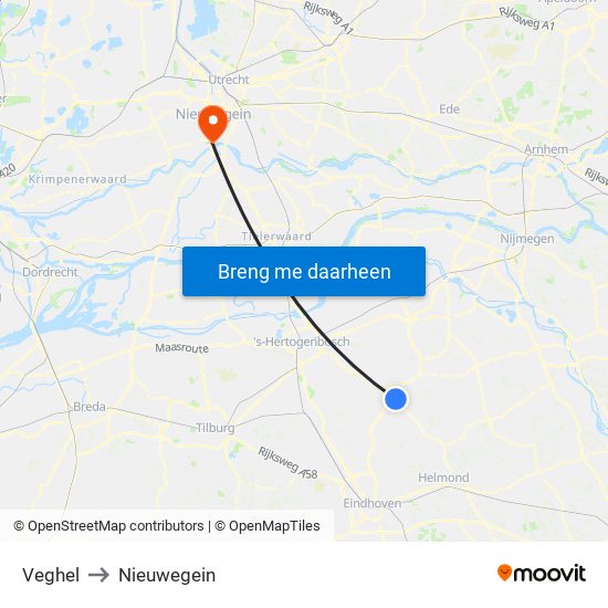 Veghel to Nieuwegein map