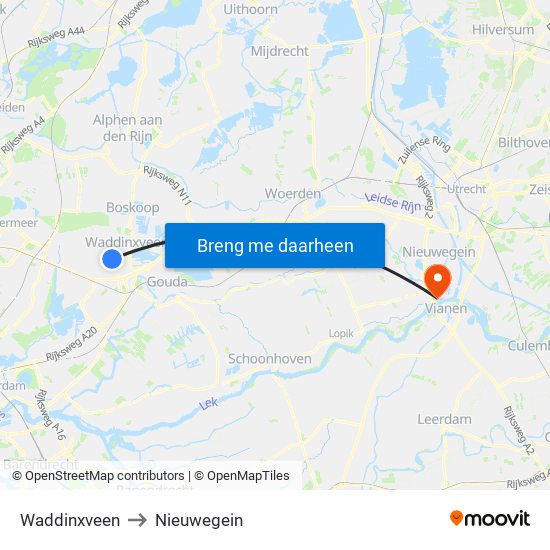 Waddinxveen to Nieuwegein map