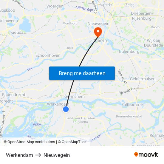 Werkendam to Nieuwegein map