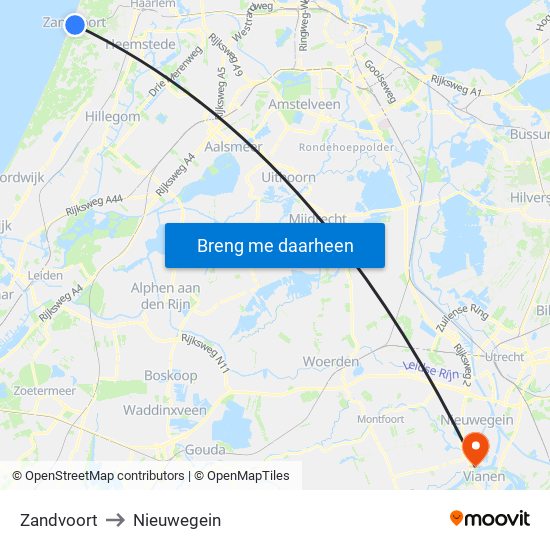 Zandvoort to Nieuwegein map