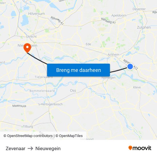 Zevenaar to Nieuwegein map