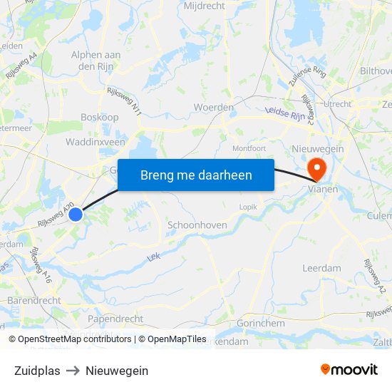 Zuidplas to Nieuwegein map