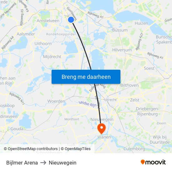 Bijlmer Arena to Nieuwegein map