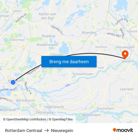Rotterdam Centraal to Nieuwegein map