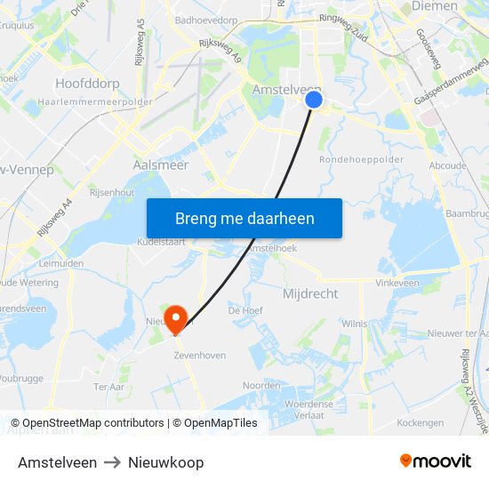 Amstelveen to Nieuwkoop map