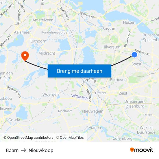 Baarn to Nieuwkoop map