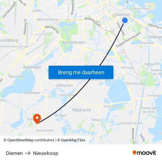 Diemen to Nieuwkoop map