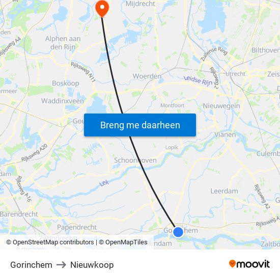 Gorinchem to Nieuwkoop map