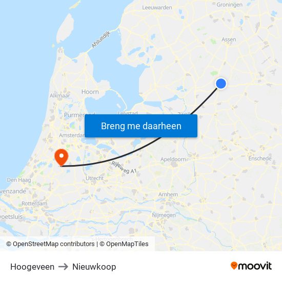Hoogeveen to Nieuwkoop map