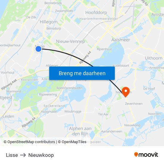 Lisse to Nieuwkoop map