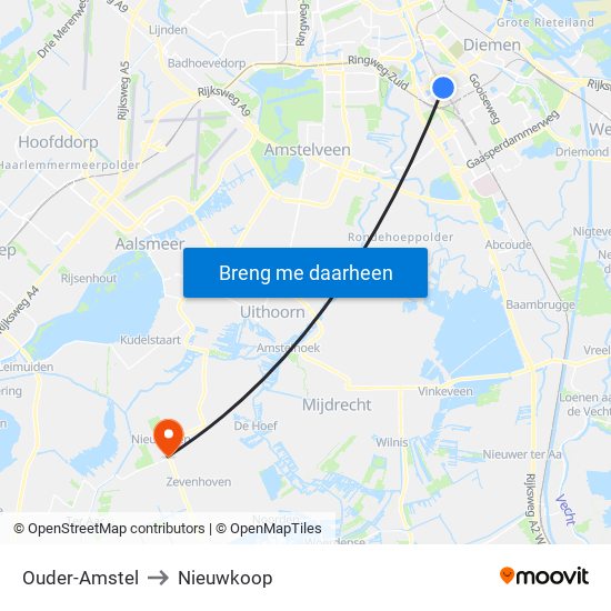 Ouder-Amstel to Nieuwkoop map