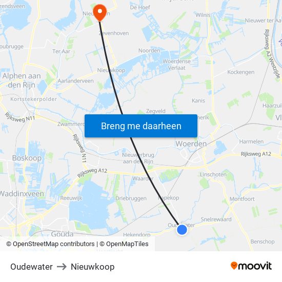 Oudewater to Nieuwkoop map