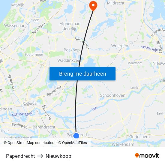 Papendrecht to Nieuwkoop map