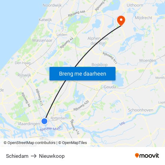 Schiedam to Nieuwkoop map