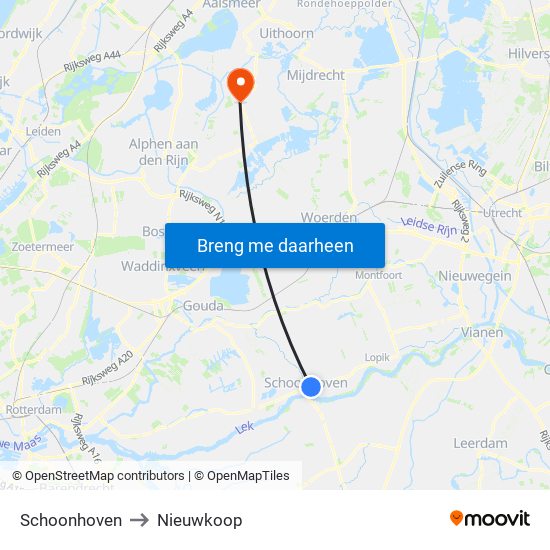 Schoonhoven to Nieuwkoop map