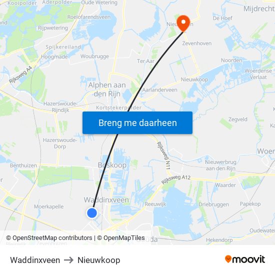 Waddinxveen to Nieuwkoop map