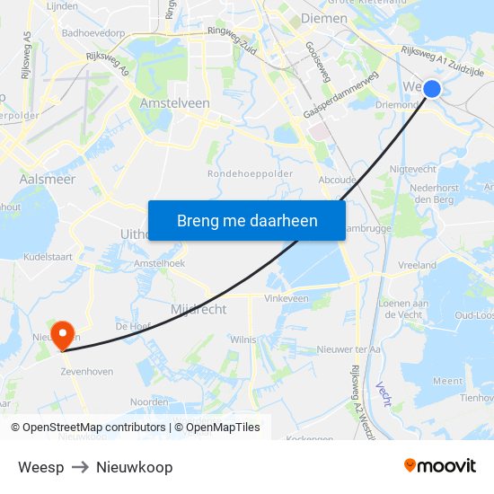 Weesp to Nieuwkoop map