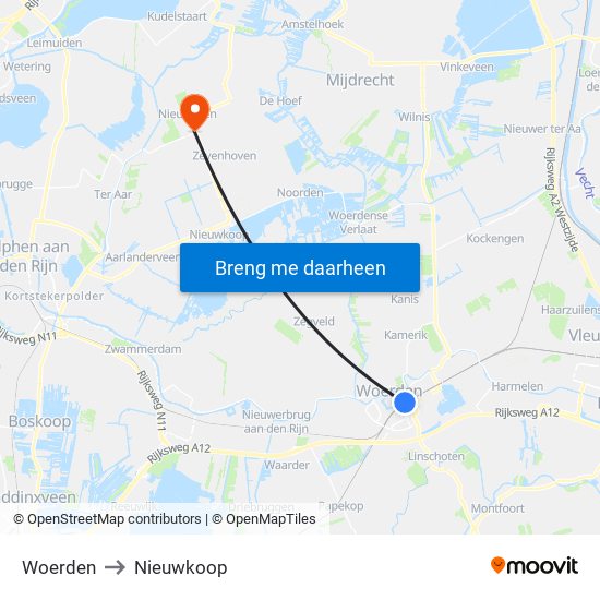 Woerden to Nieuwkoop map