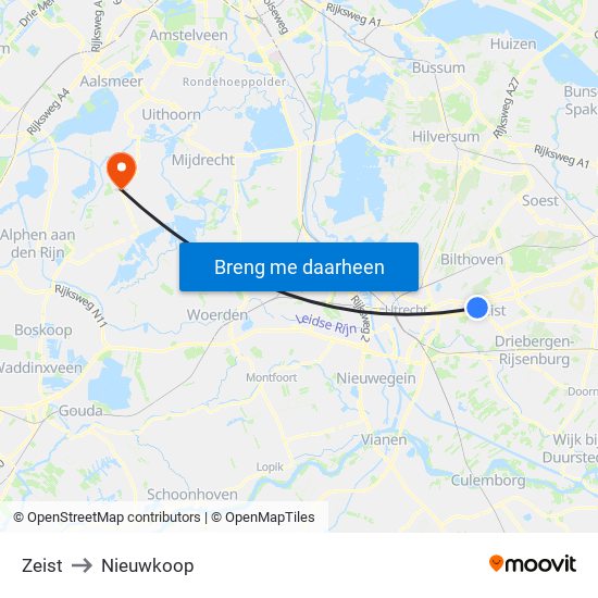 Zeist to Nieuwkoop map