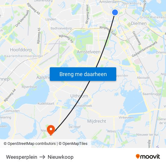 Weesperplein to Nieuwkoop map