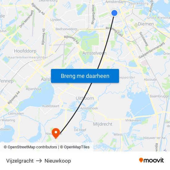 Vijzelgracht to Nieuwkoop map