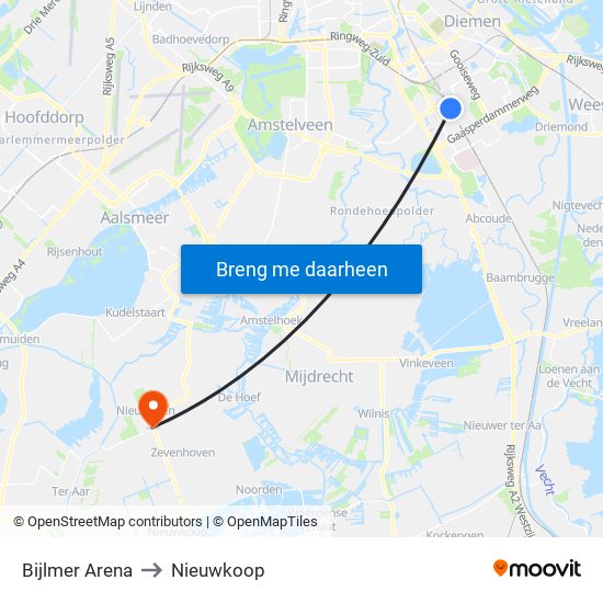 Bijlmer Arena to Nieuwkoop map