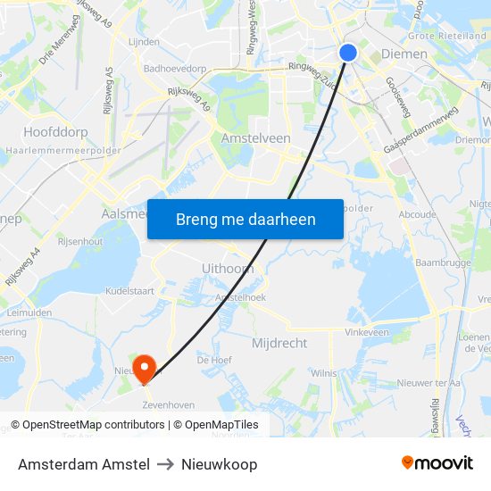 Amsterdam Amstel to Nieuwkoop map