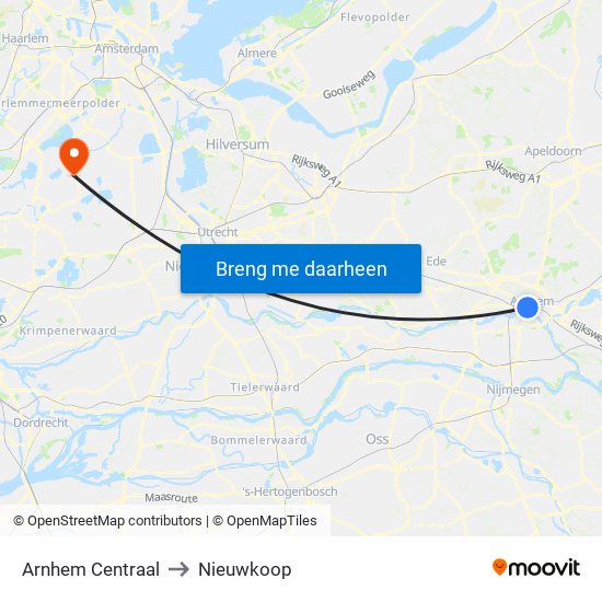 Arnhem Centraal to Nieuwkoop map