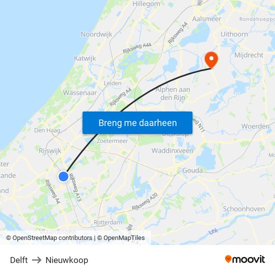 Delft to Nieuwkoop map