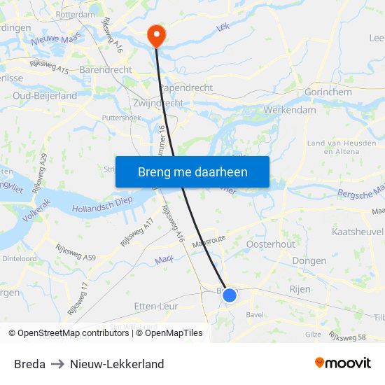 Breda to Nieuw-Lekkerland map