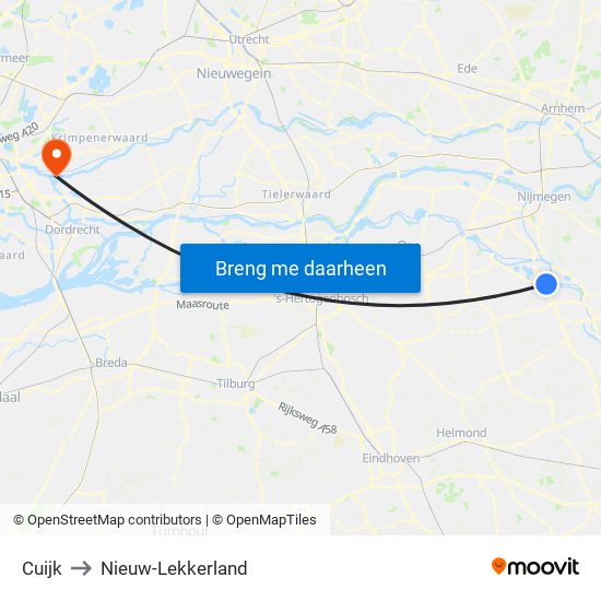 Cuijk to Nieuw-Lekkerland map