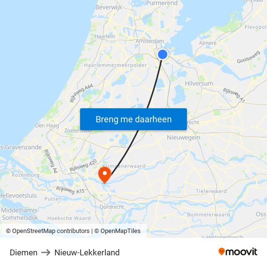 Diemen to Nieuw-Lekkerland map