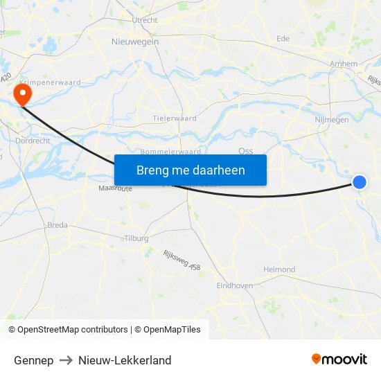 Gennep to Nieuw-Lekkerland map